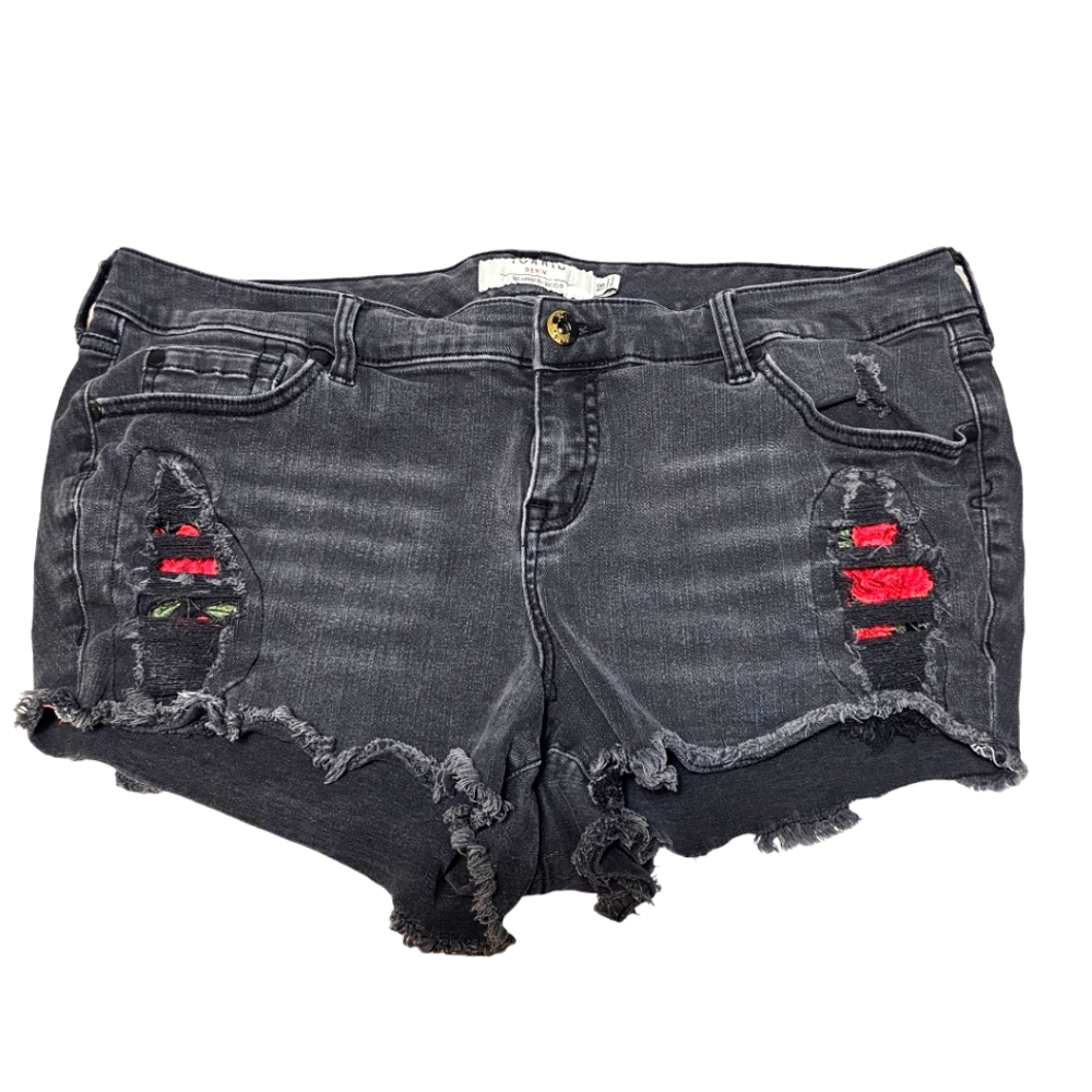 Torrid Black Rose Embroidered Shorts Plus Size 18 Distressed Stretch Raw Hem